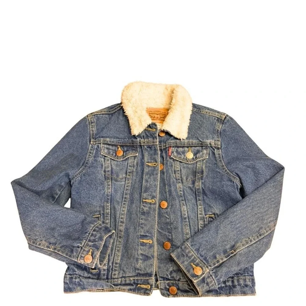 Levis Kids Denim Sherpa Trucker Jacket Medium Wash Blue Size M 10-12 YRS